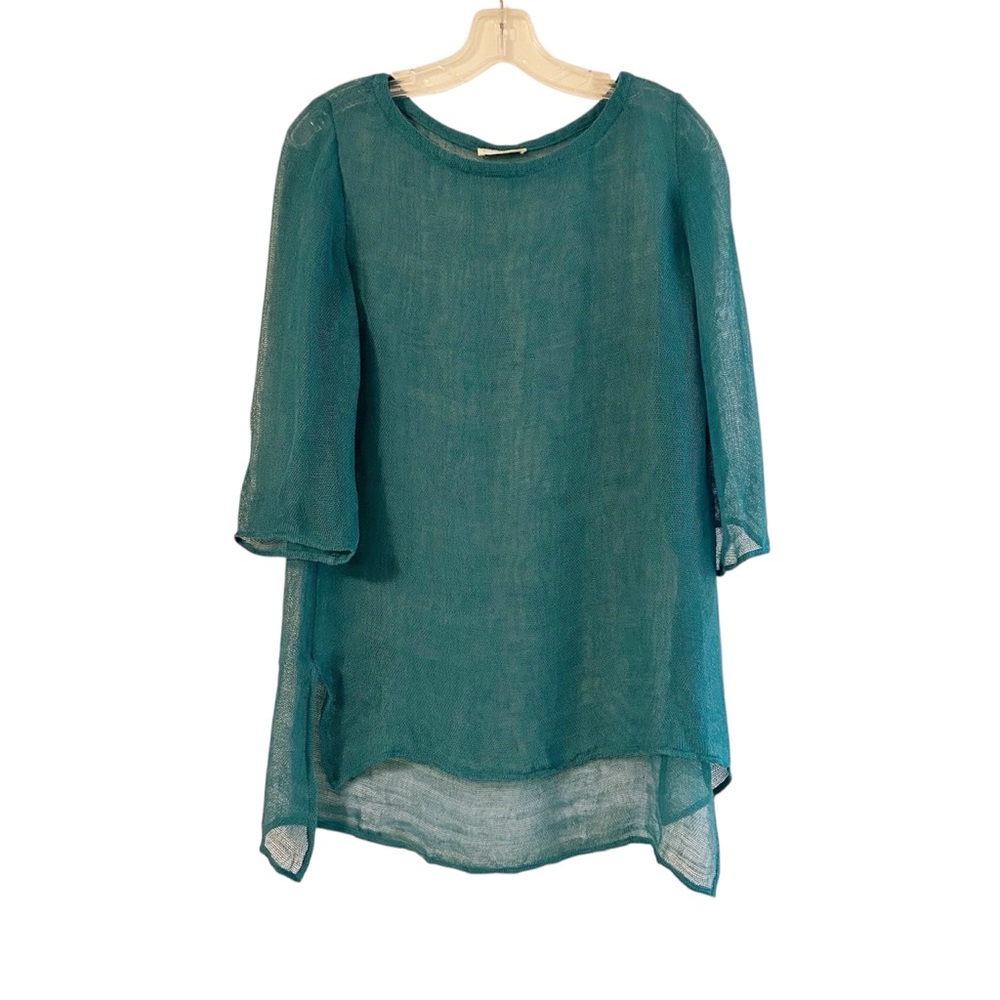 Eileen Fisher - Linen, 3/4” Sleeve Mesh Tunic Top in a Teal Color.